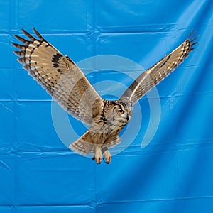 And bright orange eyes. Its wings are fully extended, showcasing the