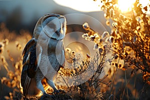 Owl flight. Hunting Barn Owl, wild bird in morning nice light.