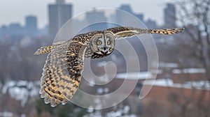 Owl in flight over city