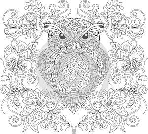 Owl and floral ornament. Adult antistress coloring page photo