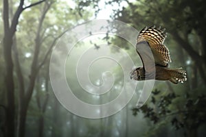 owl flying through misty forest, trees enveloping background