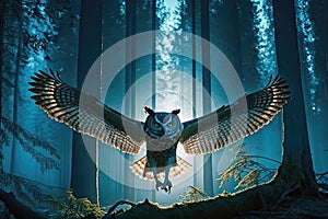 owl flying through moonlit forest, its wingspan casting shadows on the trees