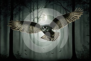 owl flying through moonlit forest, its wingspan casting shadows on the trees