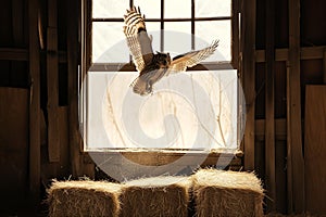 owl flying out of barn window, hay bales underneath