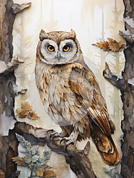 Owl in the forest watercolor painting.