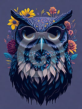 Owl with glasses and flowers. Vector illustration for your design. Ai generated