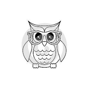 Owl in glasses. Sticker, pin, patch in cartoon 80s-90s Vector. Thin line