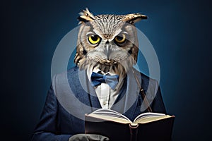 An owl with glasses and a suit holds a book on a blue background