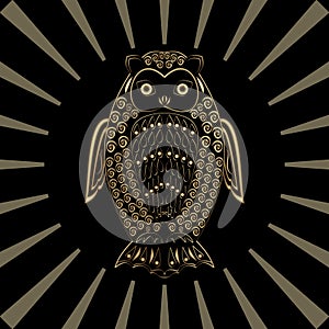 Owl in gold design on black background with transparent rays in circle composition, mysterious birs, wisdom symbol