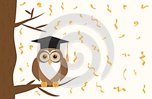 Owl in graduation cap sitting on branch of tree on background of confetti. Vector illustration