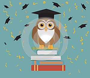 Owl in graduation cap sitting on stack of books on background of confetti and flying academic caps. Vector illustration