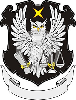 The owl is gray on a black coat of arms with a ribbon under it photo