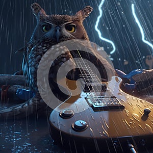 owl guitarist sits at the electric guitar against the background of lightning and rain