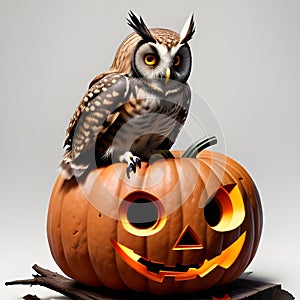 owl with halloween pumpkin in simple white background ai generated