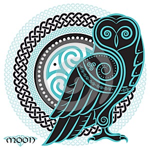 Owl hand-drawn in Celtic styl, on the background of the Celtic moon ornament