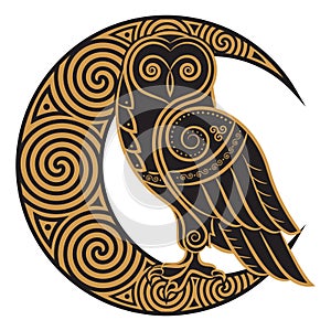 Owl hand-drawn in Celtic styl, on the background of the Celtic moon ornament