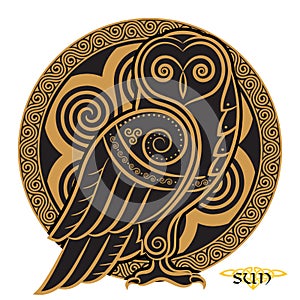 Owl hand-drawn in Celtic styl, on the background of the Celtic moon ornament