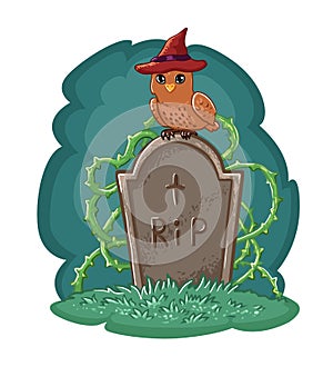 Owl in a hat in the cemetery. Halloween illustration suitable for sticker, icon, postcard, etc. Vector drawing
