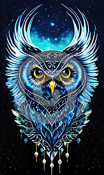 Owl head isolated on black background, king owl artictic illustration. Generative Ai photo