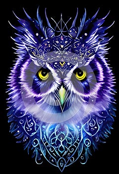 Owl head isolated on black background, king owl artictic illustration. Generative Ai photo