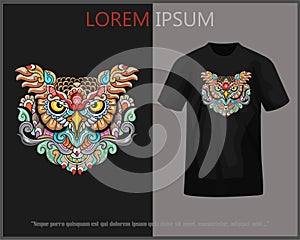 Owl head mandala art t-shirt design complete with mockup.