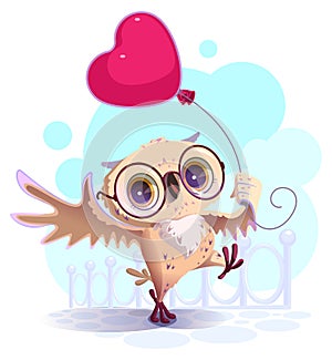 Owl hold red balloon shape heart valentine day