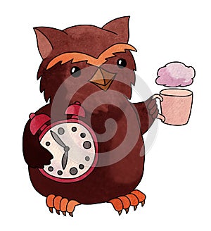 Owl holding a alarm clock and a mug with a cloud