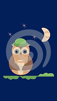 Owl holding a drink, owl in a hat, croissant, stars, postcard