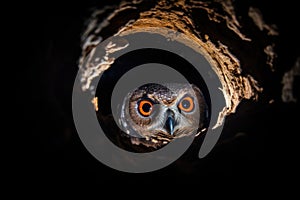 owl hooting from a hollow in a tree at night