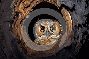 owl hooting from a hollow in a tree at night