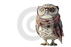 owl in huge glasses and a patterned scarf, standing out on a white background