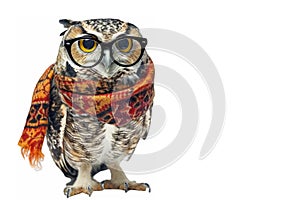 owl in huge glasses and a patterned scarf, standing out on a white background