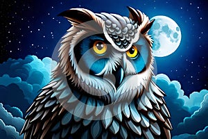 Owl isolated on dark background. Wild bird of prey. night scene with a moon, clouds, stars. ai generated