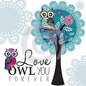 Owl on a lace tree illustration