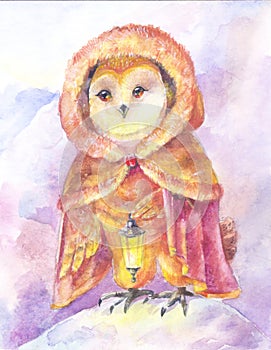 Owl with a lamp. Watercolor painting. Illustration with a magic