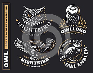 Owl logo set- vector illustrations. Emblem design