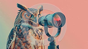 An owl looking through a telescope