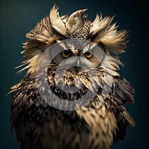 An owl with loose feathers and a baleful stare. Ruffled and shaggy owl, generated AI photo