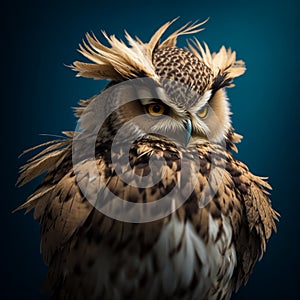 An owl with loose feathers and a baleful stare. Ruffled and shaggy owl, generated AI photo