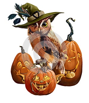 The owl in the magic hat and her pumpkins friends