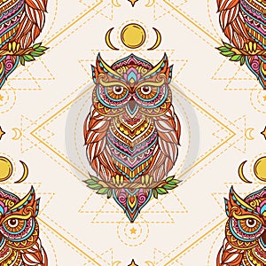 Owl mandala retro with butterfly. Vector illustration.