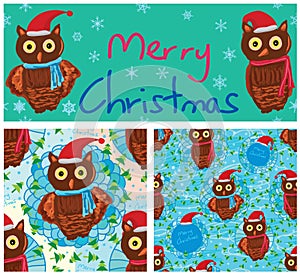Owl Merry Christmas frame seamless pattern