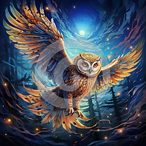 Owl in Mid-Flight Ascending Towards Moonlit Sky