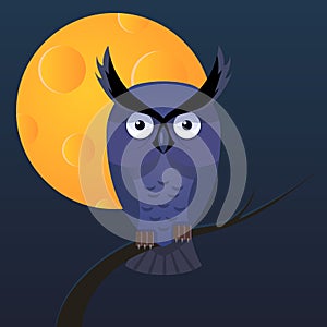 Owl, moon vector cartoon illustration