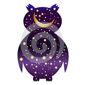 owl-night. owl silhouettes painted with a night sky with stars and a moon