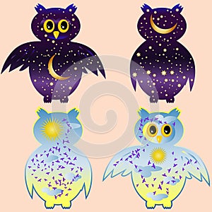 owl-night. owl silhouettes painted with a night sky with stars and a young moon.