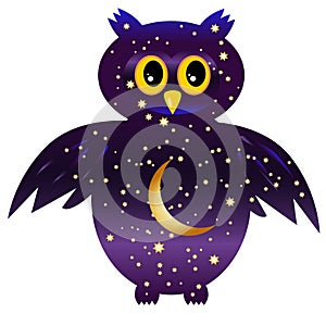 owl-night. owl silhouettes painted with a night sky with stars and a young moon