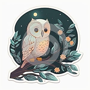 owl night sticker humanized characters funny vector artistic and delicate minimalist hand drawn doodle