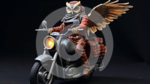 Owl night takeaway food delivery man. A bird on a moped delivers dinners. Illustration for business