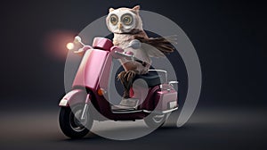Owl night takeaway food delivery man. A bird on a moped delivers dinners. Illustration for business